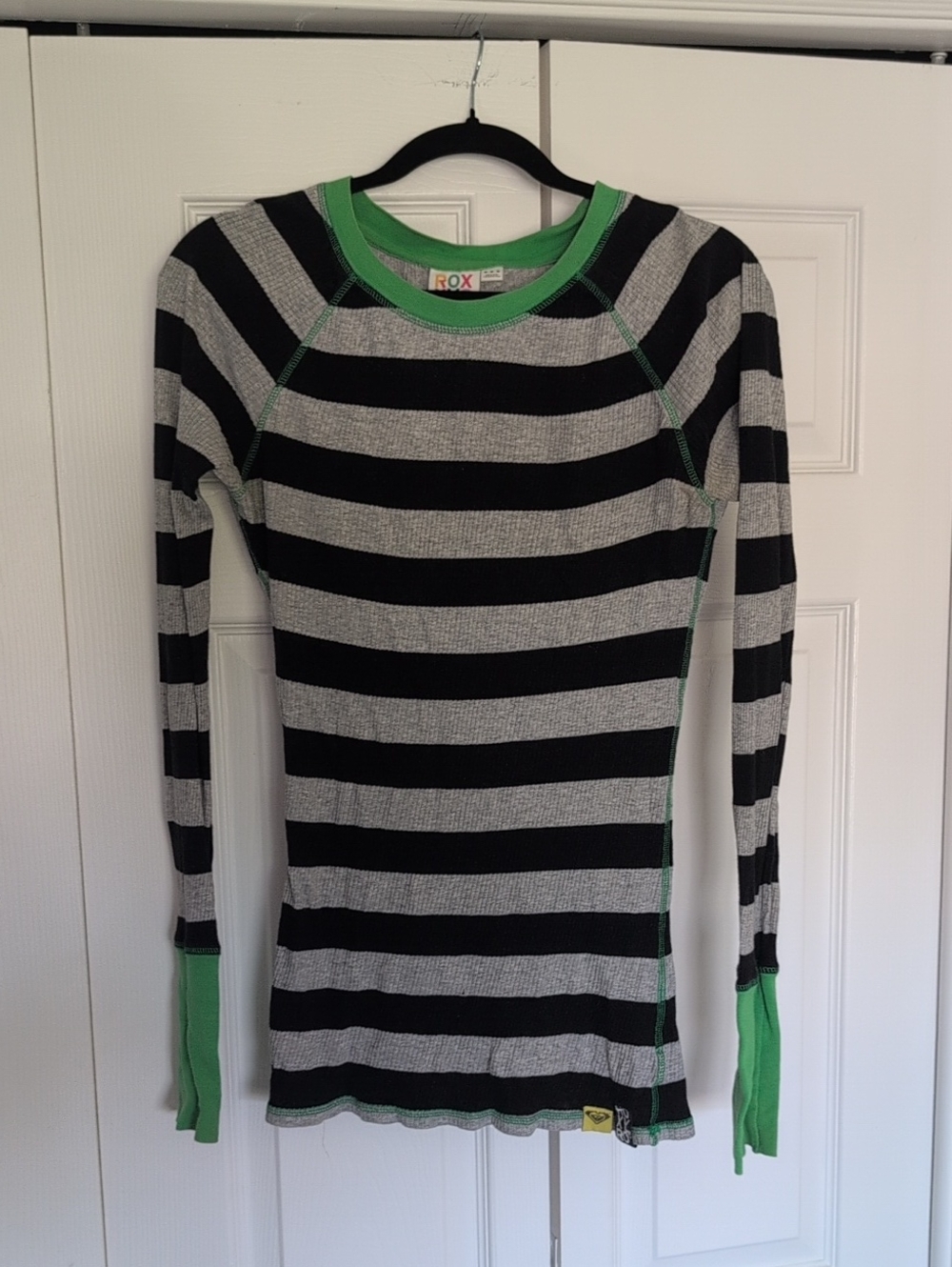 Roxy Black & Gray Striped Crew Sweater with Green Accents